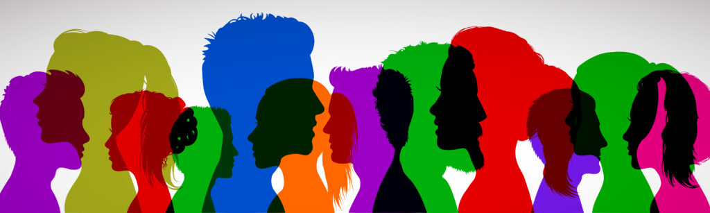 Illustration of silhouette faces of people in different colors.