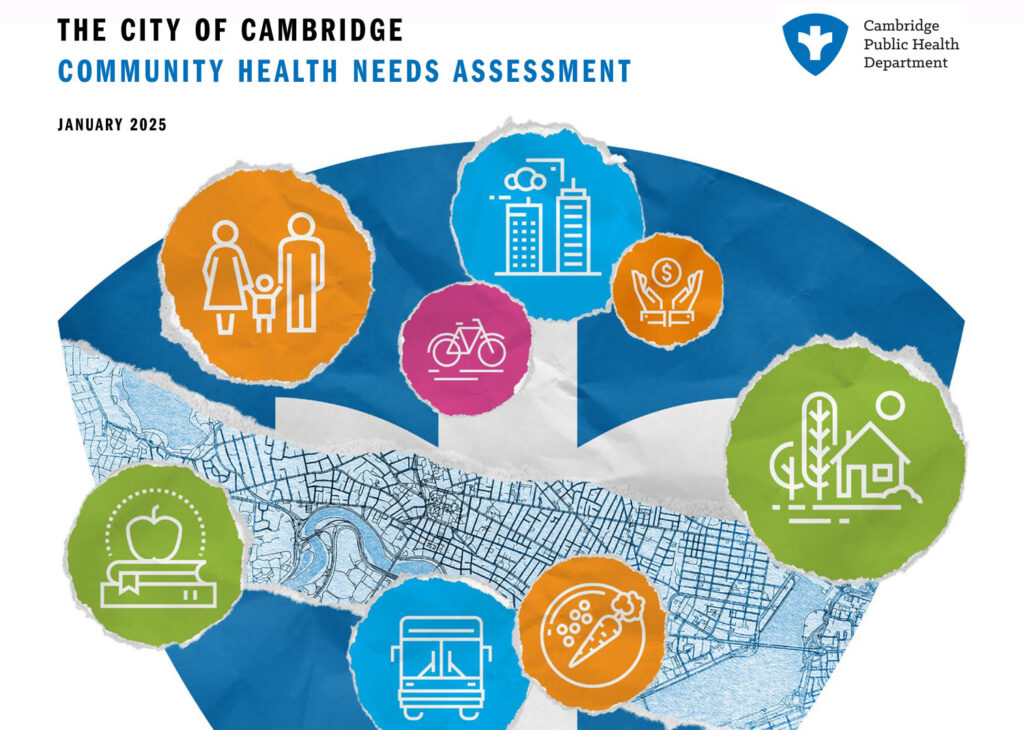 Cover of the Community Health Needs Assessment. Has CPHD logo on it with icons, including a bike, carrot, reading, and a family.