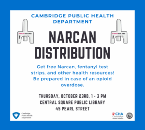 Image that says Narcan Distribution on it with two Narcan illustrations on it.