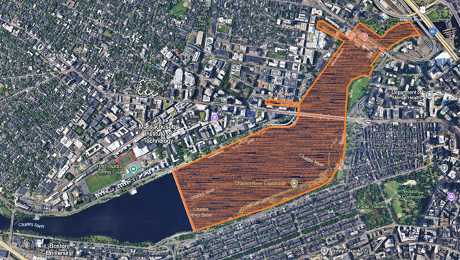Map of the Charles River where Cambridge and Boston meet. There is orange highlighting the region to avoid due to cyanobacteria algae bloom.