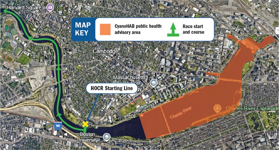 Map of the Charles River with orange highlighting the updated region to avoid due to cyanobacteria algae bloom. The map also points to the course for the Head of the Charles where the alert has been lifted. Map from MDPH.