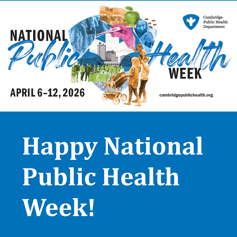 Happy National Public Health Week! April 6-12. With a collage of public health images like an apple, someone getting a vaccine, and people walking. 