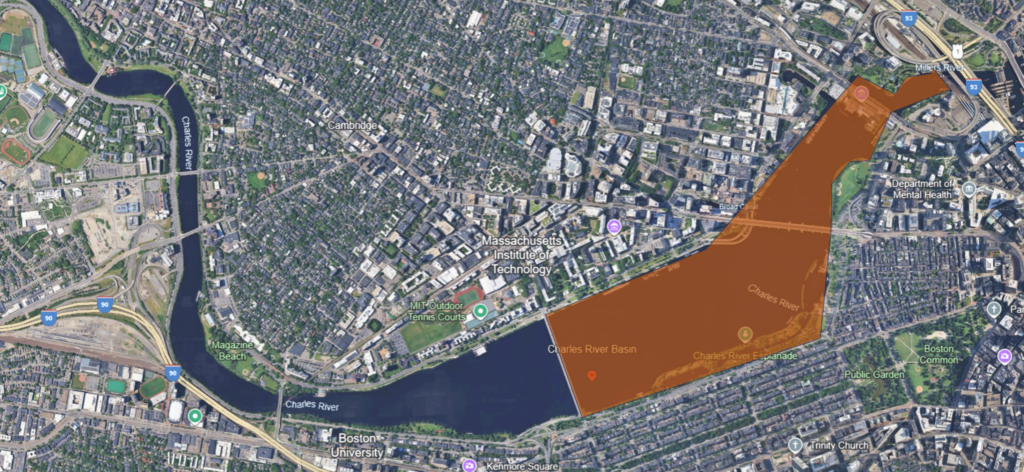 Map of the Charles River with orange highlighting the region to avoid due to cyanobacteria algae bloom. Map from Department of Public Health.